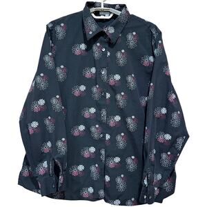 Foxcroft Women Shirt 18 Gray Pink Floral Shaped Fit Button Up Long Sleeve Cotton